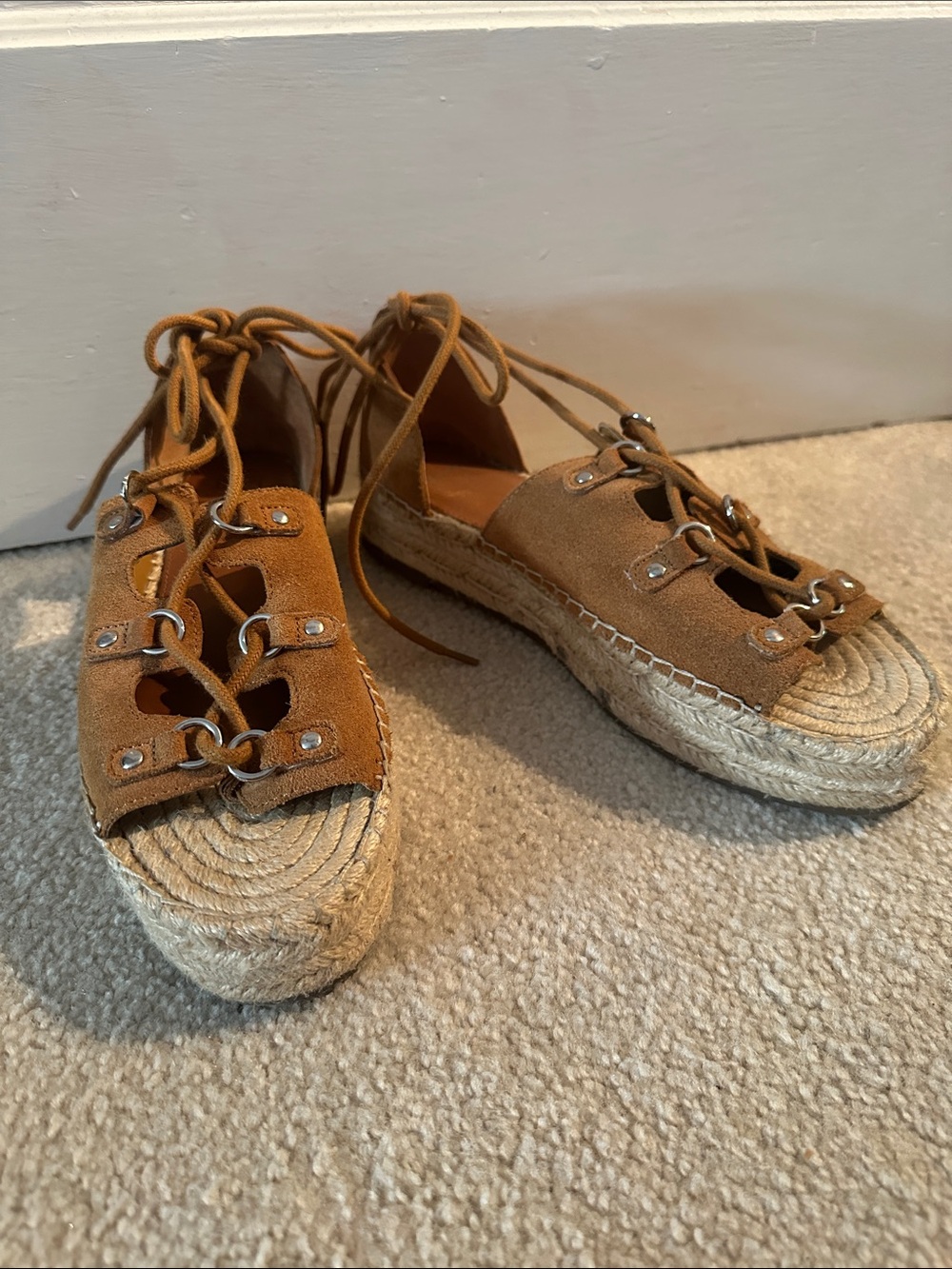 Marc Fisher Brown Lace-Up Suede Espadrille Platform Sandals